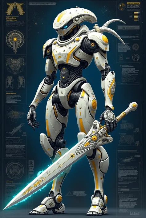 Cosmic exoskeleton and wide broadsword schematic, intricate super detail, blue, grey and yellow color grading