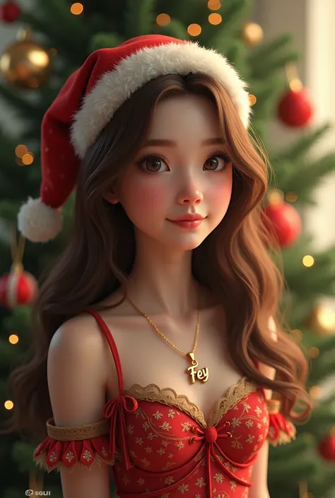 women,ai style,Brown-haired ,dibelakangnya ada pohon natal, to wear a Christmas dress and a Christmas hat, wear a gold necklace that says  "fey"