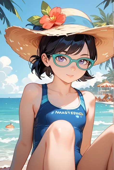 source_7_up, source_9_up, source_anime, ((masterpiece)), (best quality), (ultra-detailed), bangs, phoebe_heyerdahl, black hair, glasses, swimsuit