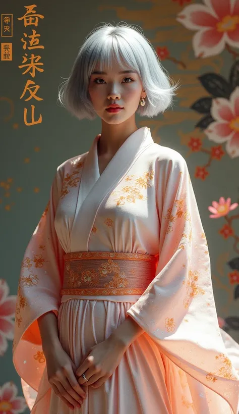 Japanese painting mixed photorealistic , a woman beautiful breasts, her body wears by a holographic materials kimono cloth robe, silver short bob hair, elegance pose ,medium body shot, luxurious wallpaper fusion smei-e style background