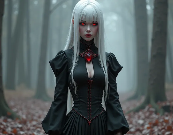  has the following features : . tall and slender woman.  white hair, high boots hidden under the mitra , very pale skin.  Eye color ,  but one eye is hidden behind a bang ,  with a burgundy strand .  Parasol wears an open suit ,  consisting of a light blou...