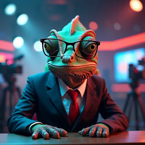 A colorful sad chameleon with the head of a man wearing glasses, dressed in a suit, inside a sports program studio