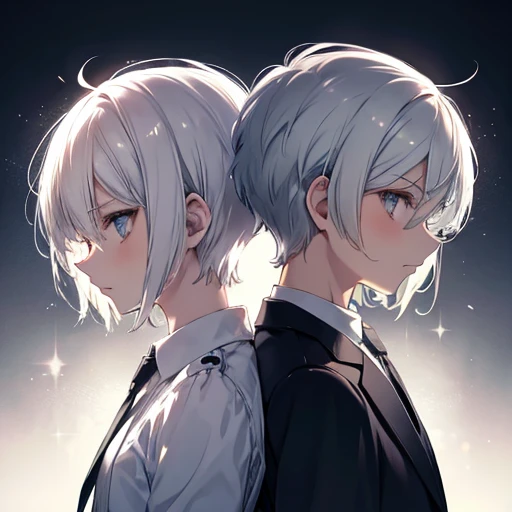  Silver Hair, sad expression, back to back ,male,Short Hair