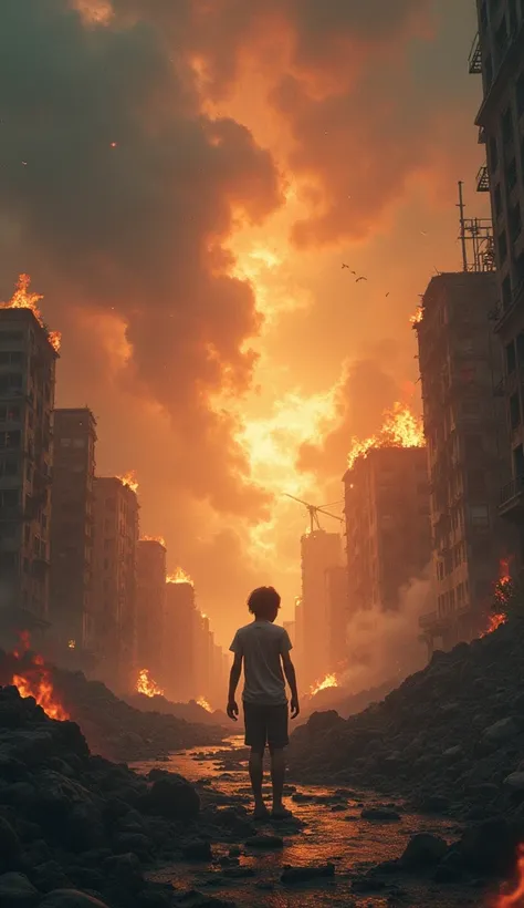 "A hyper-realistic image of a teenager standing amidst the devastation caused by the four angels. The world around them is in chaos, with cities burning, the earth cracking open, and skies filled with dark, swirling clouds. The teenagers face is a picture ...