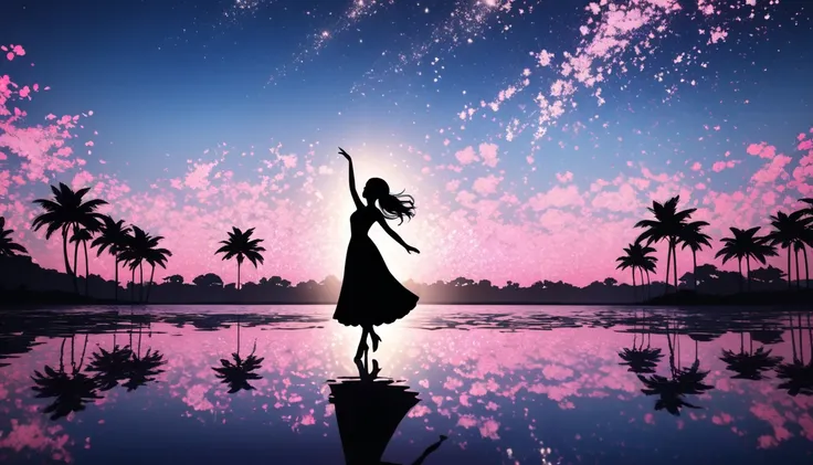 black human silhouette、This image is、 depicts a black silhouette of a girl standing against a beautiful light blue sky and pink clouds。 The girl rises from near the horizon to deep white ..  and the sky changes from deep black to deep white as it rises 、 n...