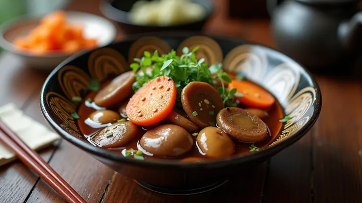 "A comforting and traditional image of simmered shiitake mushrooms (nimono), showcasing their rich flavor and tender texture. The shiitake mushrooms are cooked in a flavorful soy-based broth, with subtle hints of mirin and dashi, creating a glossy finish. ...