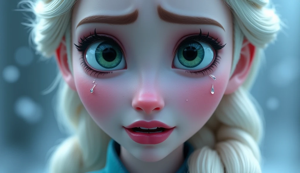 Beautiful Elsa, hyper detailed skin, white hair, symmetrical face, cute, hand pov, boy on girl, photography, best quality, very detailed, crying face, pleading green eyes two braids