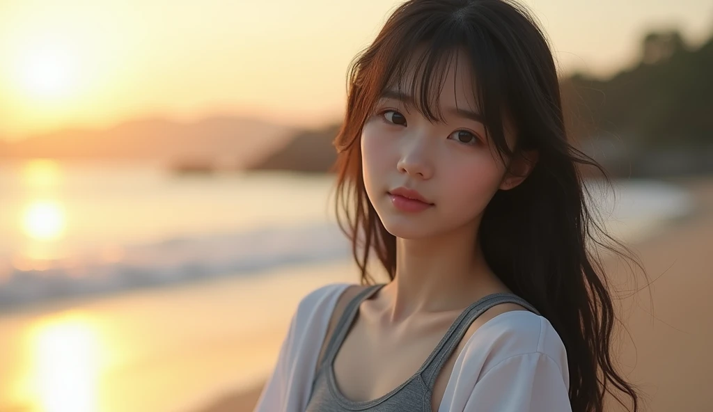 Full body Soft filter (highest quality,masterpiece:1.3,ultr a high resolution), (Super detailed,caustics,8K),(real istic: 1.4,RAW shooting), Japanese,25 years old,cute, Looking at camera with a smile,black hair, long hair,duck mouth, natural makeup,big ,wh...