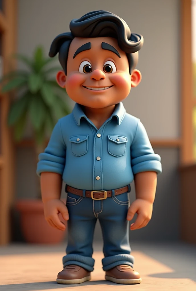 Cartoon character of a man with black hair and dark brown skin, Latino style, appearing to be 43 years old, with a full body, hands, and feet, wearing a blue shirt and blue jeans. He should be standing. An animated character, stylized design, animation sty...