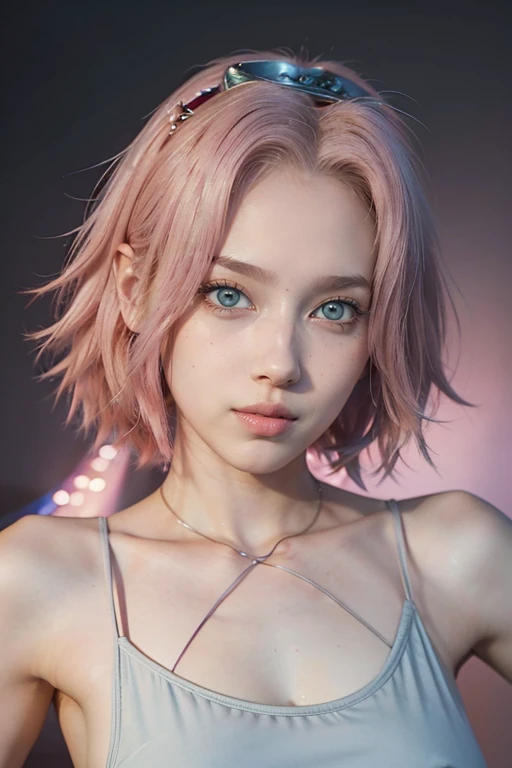 young woman, short shoulder-length pink hair, wide forehead, porcelain skin, pink eyebrows, big emerald green eyes, buttoned nose, full lips, heart-shaped face, slender body, small breasts, red tank top, Sakura Haruno , realistic, realism, details, 3d, wel...