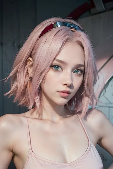 young woman, short shoulder-length pink hair, wide forehead, porcelain skin, pink eyebrows, big emerald green eyes, buttoned nose, full lips, heart-shaped face, slender body, small breasts, red tank top, Sakura Haruno , realistic, realism, details, 3d, wel...