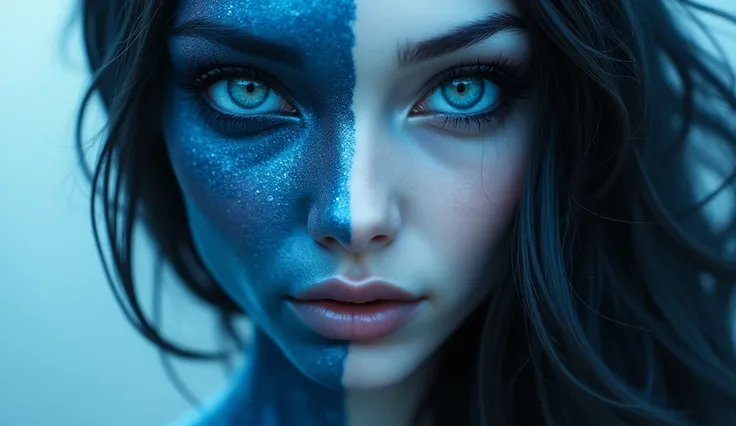 a besutiful sexy alien girl and her half face is blue and half is white. with long hair. close picture