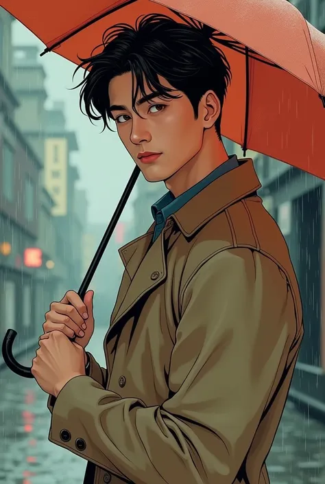 Manga style drawing of a handsome Asian man holding an umbrella wearing a raincoat in a vintage style smiling softly