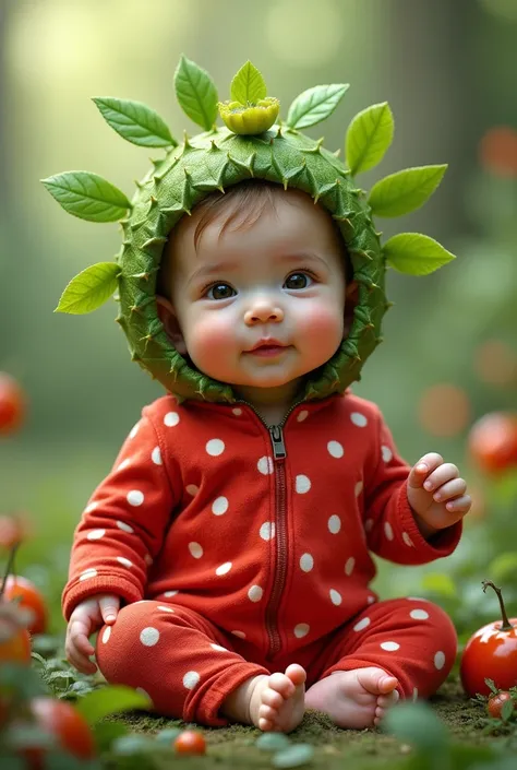 A cute baby is dressed in an adorable nance outfit, with tiny green leaves as a hat and a red, polka-dotted suit that looks just like the fruit!