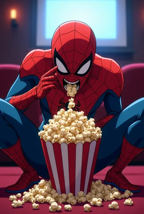 Anime, spiderman greedily eating popcorn 