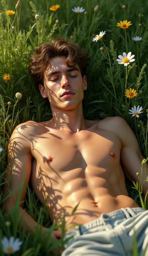 "A handsome young man in his early 20s, with tousled hair and a relaxed expression, is lying naked amidst lush greenery and vibrant foliage. The sunlight filters through the leaves, casting dappled shadows on his skin. His body is athletic and toned, blend...