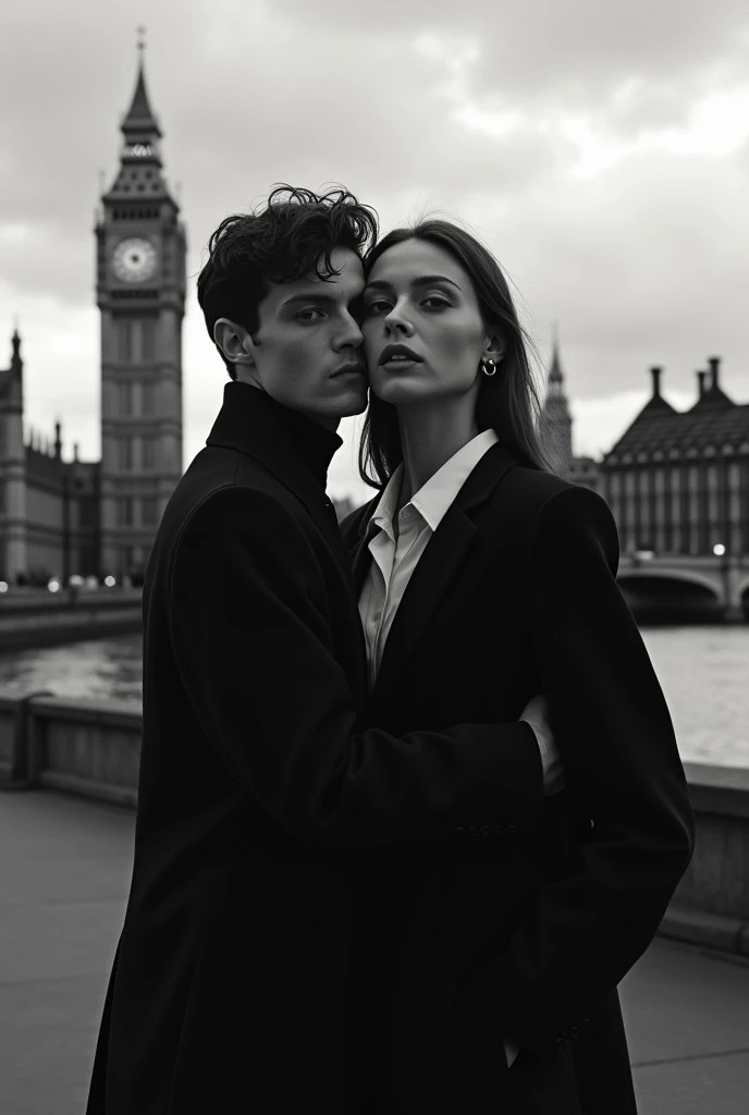 Full body, Monochromatic high fashion advertisement, Disco balls style model embracing French female model, both gazing at camera, her black coat and white shirt creating stark contrast, expansive London cityscape view, Big Ben and Parliament buildings in ...