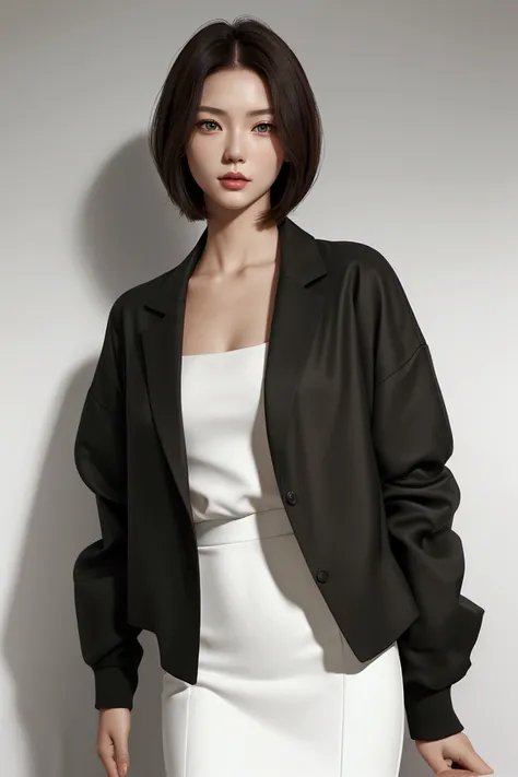 High quality, A masterpiece, High definition, Beauty, girl of slightly Asian appearance, Model, subtle makeup, sly cat eyes, short hair: 1.2, long bob haircut, with slightly wavy brown hair, big green eyes, golden section, 25 years old, small breasts: 1.2,...