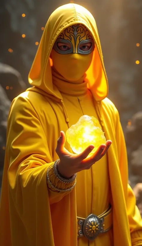 A god of Mind, Yellow clothes, Marvels Mind Stone(Infinity Stone) Holding in Hand, Adult Boy, Yellow Mind Stone Shining, Space, Full Body Covered Godistic Suit, Godistic Mask, Light Rays, Magical, Realistic, Cinematic 