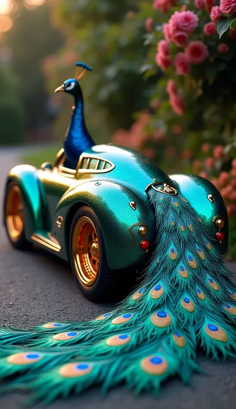 "Create an elegant hybrid of a peacock and a car. The cars body is sleek and iridescent, mimicking the shimmering colors of a peacocks feathers, with vibrant blues, greens, and golds. The rear of the car features a fully extended peacock tail that doubles ...