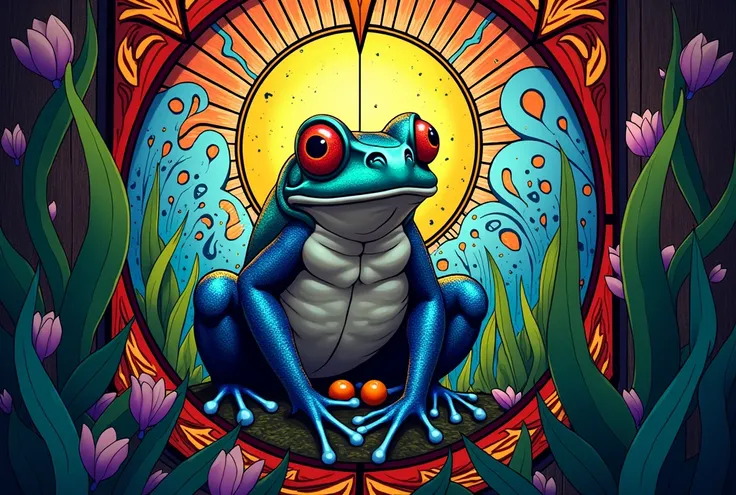 a close up of a  Stained Glass  window with a Frog on it,  Pascal Blanchet  , behance contest winner, Art Nouveau,  Stained Glass  style,  Stained Glass  art,  Stained Glass !!,  Stained Glass , Frog themed,  Stained Glass , psychedelic Frog, green  Staine...