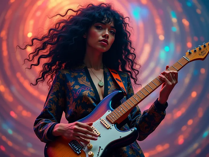 singer from the sixties, psychedelic, lady, ebony, long curly hair, asian  eyes, playing electric guitar