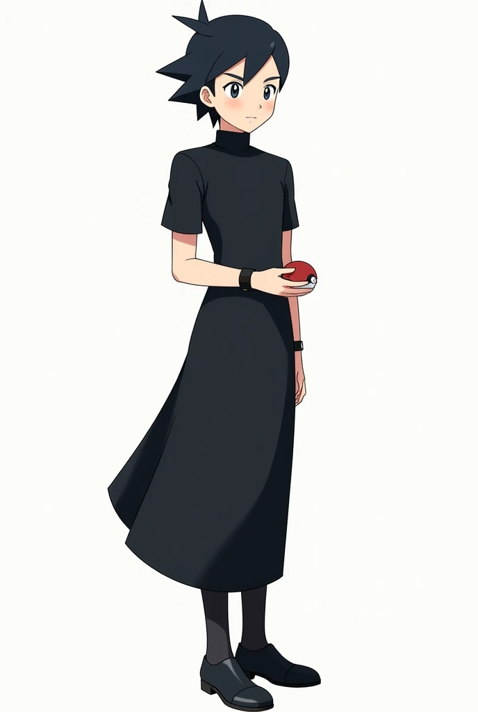  Create an image of a male Pokémon trainer wearing a black watch on his wrist, with short black hair ,  hair wearing a tight black short sleeve body blouse inside a long dress tight black leg pants and black dress shoes.  The trainer is holding a Pokéball ...