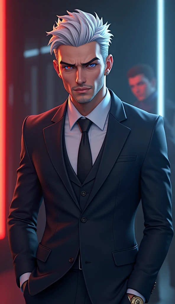 HD realistic male with white hair, blue and red eyes wellbuilt in a gentlemen suit with a perfect charming smile  having a chiseled jawline wearing a watch and one hand in his pocket Jewelry, Closed Mouth, Masterpiece, , Short Hair, Symbol-Shaped Pupils, A...