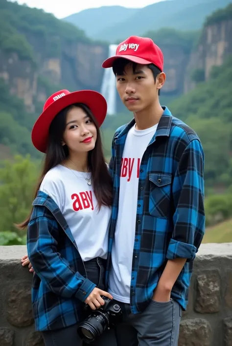 a couple of lovers, a handsome young Indonesian man with a Korean face and a beautiful young Indonesian woman with a Korean face, wearing a red hat with the words "Aby very" and a blue and black flannel shirt combined with a white T-shirt with the same wri...