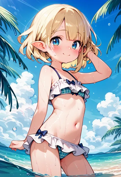 ((loli)), solo, bikin, 8k, beach, sea side, elf, blonde hair, blue eyes, ((blush:1.5)), happy smile, medium breasts, (sweat:1.5), (wet:1.5), frilled bikini, sky blue