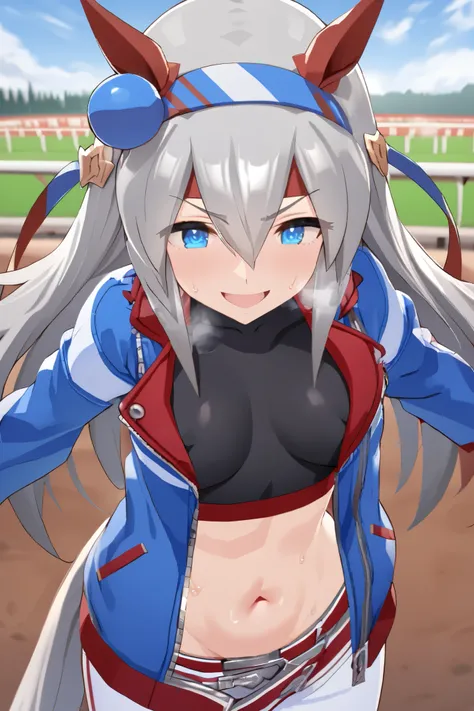 NSFW,masterpiece, top quality , High Definition , very detailed, tamamocross (Uma Musume)、Horse&#39;s ears、 ear covers、 horse tail、Gray Hair、 long hair、 hair bow、 hair between eyes、 blue eyes、 hair ornament、 headband, blue jacket 、White pants、belt、 crop to...