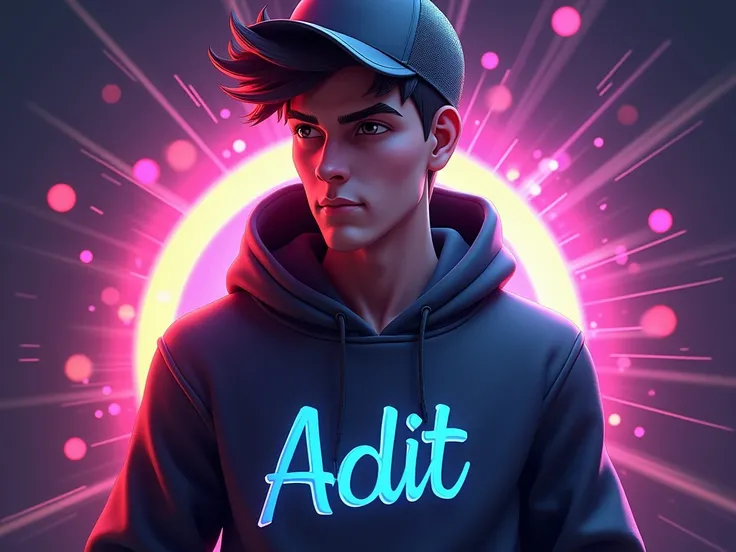 3D text logo cowok cakep wearing hoodie inscribed adit wearing hat with background music