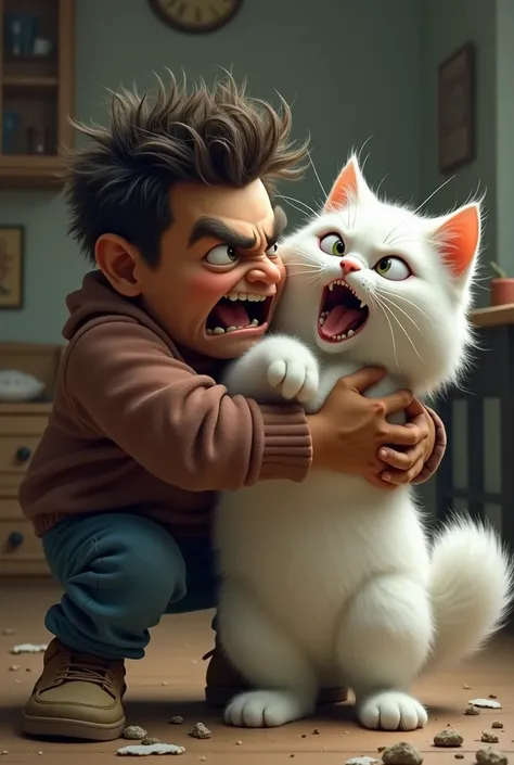  A white cat being attacked by its owner,  brown skin, short and tall hair 