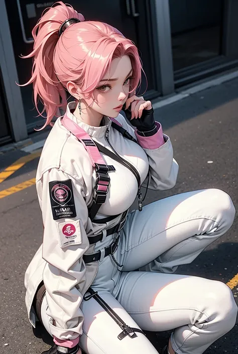  cyberpunk　pink haired cyborg woman 　 ponytail hair　　 white futuristic stylish jacket　white skinny pants 　 tactical full harness 　 cyberpunkライフル　 sexy　 glamour figure 　Crouching　Put one knee on the ground　Shooting position　　 angle from above