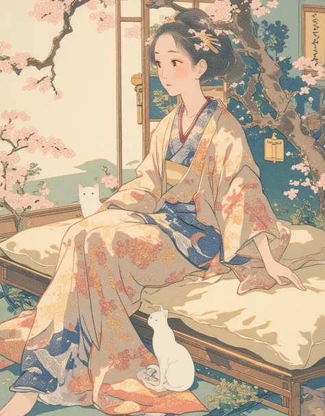 painting of a woman in a kimono sitting on a pillow next to a cat, Plum Blossom. inspired by Koryusai Isoda, inspired by Hishikawa Moronobu, inspired by Utagawa Kunimasa, woman and cat, inspired by Itō Shinsui, ukiyoe style, inspired by Uemura Shōen, tumbl...