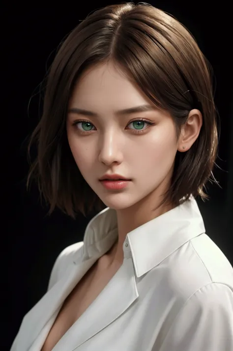  high quality,  masterpiece fails,  high resolution, Beauty,  slightly Asian-looking girl , Model, subtle makeup, crafty cat eyes ,  short hair: 1.2, Long bob haircut,  with slightly wavy brown hair ,  big green eyes , golden ratio, 25 years old, : 1.2,  p...