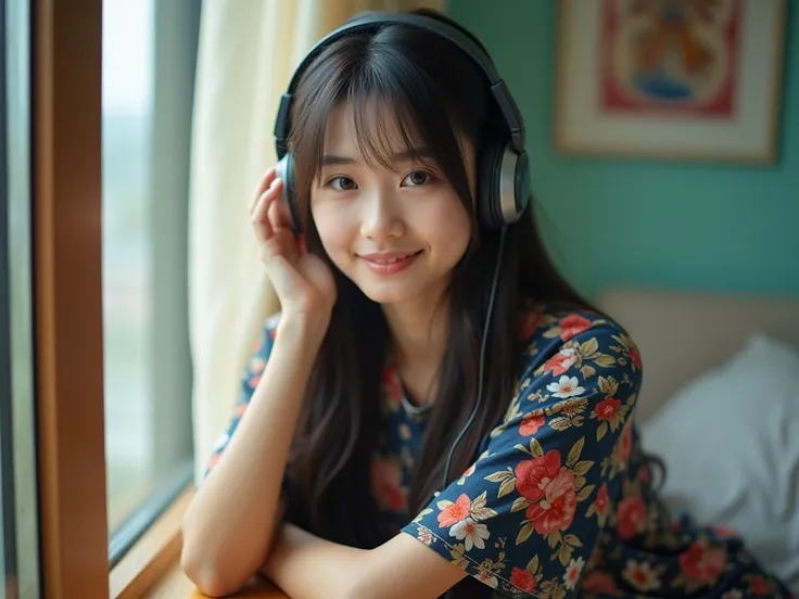 a girl sitting near window and hearing music from headset,(best quality, 8K, masterpiece:1.3, long shot photo),

beautiful asian female figure: 1.4,  sexy body, small breast, oval face shape, detailed eyes, (Smile), very detailed facial and skin texture, d...