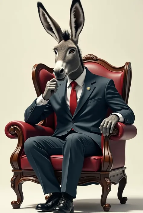 A donkey is sitting talking on a political chair wearing a mens suit 