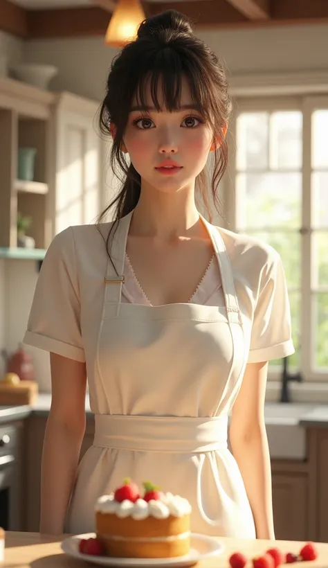 ​masterpiece、Photorealistic、8k、32K、 measurements,( Detailed Eyes )、(Cute Japanese girl 、Bangs, Big Bust)、23 years old 、1 girl in、Elegant、( detailed background、Portlet:1.2)、Large kitchen、 sunlight from the window 、( a white apron :1.2)、Standing、See beautifu...