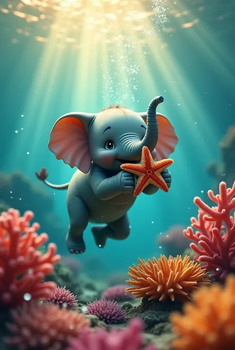 Generate micro photography joyful elephant swimming underwater, playing with a starfish in its trunk, surrounded by bright coral reefs and gentle shafts of sunlight.