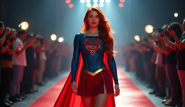  Create an ultra realistic full-body image of a beautiful 18-year-old woman smiling, long red hair , big breasts, deep neckline, Shes wearing a sexy Supergirl costume,  parading on a supermodel runway with her back to the camera, with several photographers...