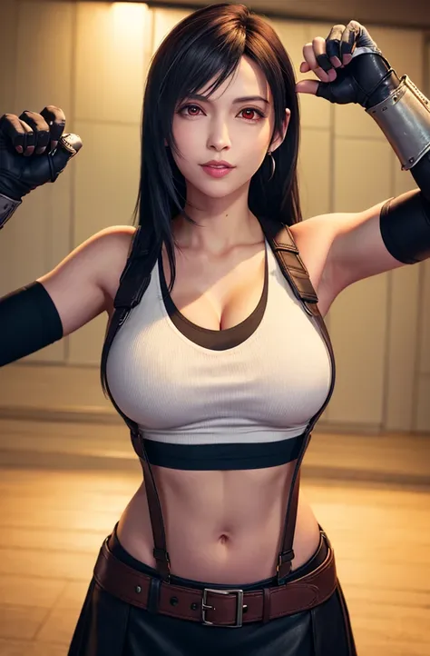 ff7r style, 
tifa lockhart, 1girl, thick lips, arm up, armpits, artist name, belt, black hair, breasts, red eyes, cleavage, closed mouth, collarbone, cowboy shot, crop top, earrings, elbow gloves, elbow pads, gloves, jewelry, large breasts, lips, long hair...