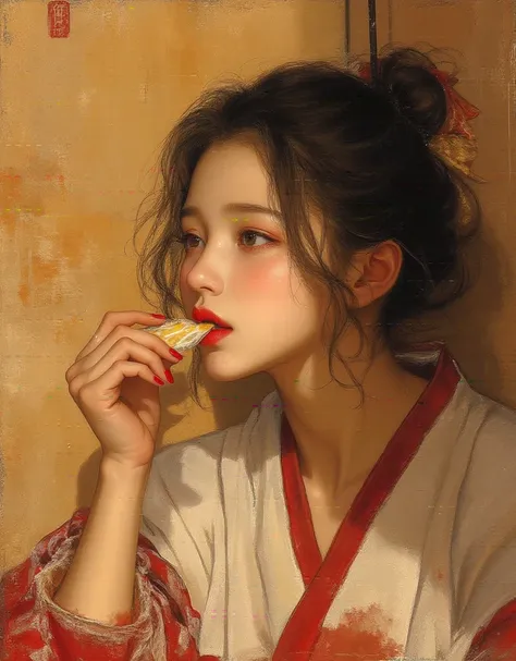 there is a woman eating a piece of food in front of a wall, by Takehisa Yumeji, by Chizuko Yoshida, by Nakahara Nantenbō, by Fujishima Takeji, inspired by Takehisa Yumeji, by Fujiwara Takanobu, by Shinoda Toko, by Ayako Rokkaku