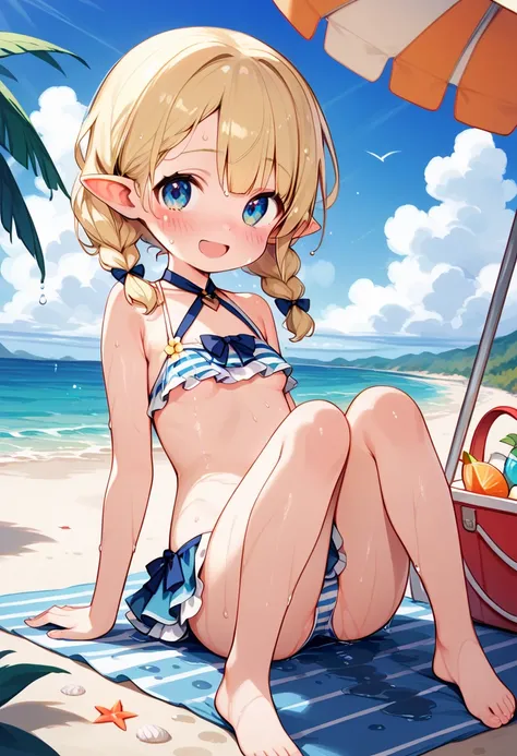 ((loli)), solo, bikini, 8k, beach, sea side, elf, blonde hair, blue eyes, ((blush:1.5)), happy smile, medium breasts, (sweat:1.5), (wet:1.5), frilled bikini, striped bikini, sky blue, sitting on beach, (((knees to chest))), open legs