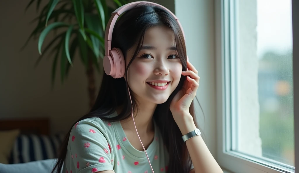 a girl sitting near window and hearing music from headset,(best quality, 8K, masterpiece:1.3, long shot photo),

beautiful asian female figure: 1.4,  sexy body, small breast, oval face shape, detailed eyes, (Smile), very detailed facial and skin texture, d...