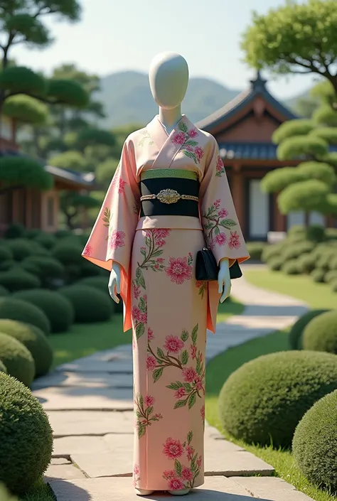 A traditional Japanese garden with well-manicured greenery, a stone pathway, and a serene atmosphere. In the foreground, a mannequin-like figure wearing a floral-patterned kimono with soft pink and green tones and an elegant obi belt. The figure holds a bl...