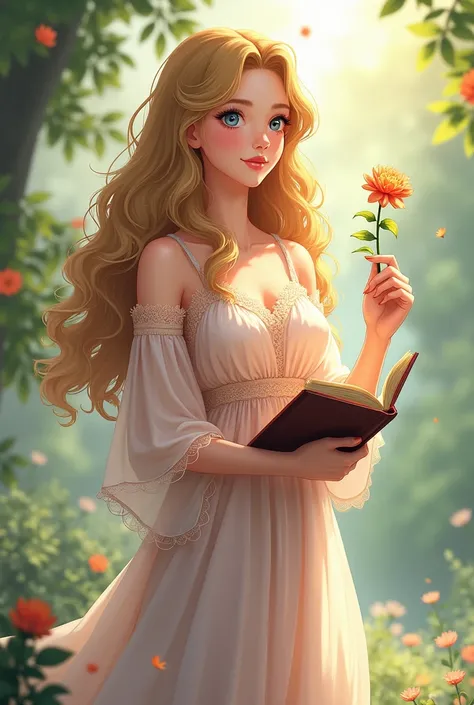 A young female teacher wearing a dress and holding a flower, long golden curly hair, holding an anime cartoon book.