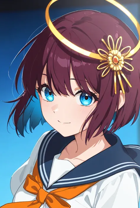 A lively anime scene featuring a girl with her hair slightly tousled by the breeze, her azure eyes shimmering with unspoken feelings. She dons a traditional Japanese sailor uniform, the deep blue fabric contrasting beautifully with the bold orange necktie....