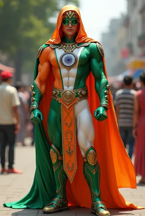 Super hero costume  indian flag and culture  --blend hybrid --C1000 --S300 --w1000 --RELAXED--V6 --C10 --Q5: --IW2 --H 500 --W700  public background 