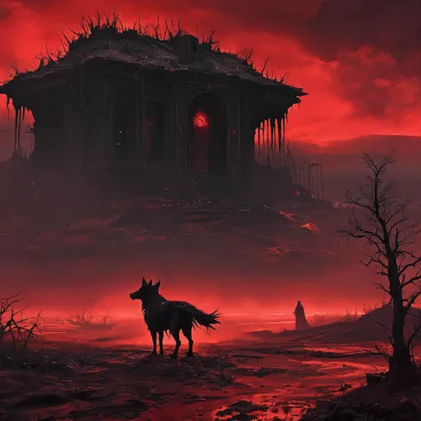 
A desolate, apocalyptic home stands in a forsaken landscape, under a blood-red sky that bathes everything in an eerie, unnatural glow. The house, once full of life, is now broken and abandoned, its walls cracked and its roof caved in. Around it, the earth...